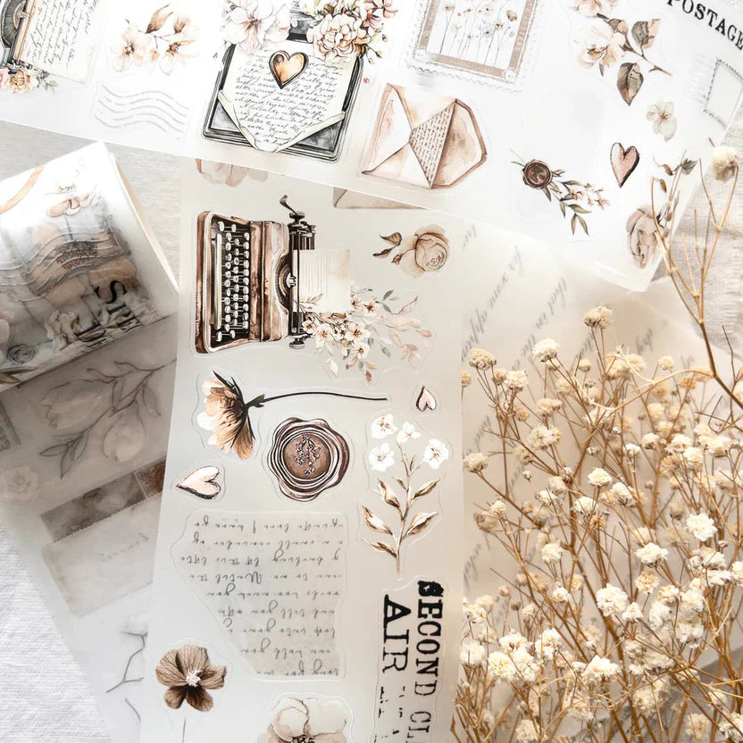 Vintage Love Letters PET Tape collage with typewriter, envelopes and floral elements on light
