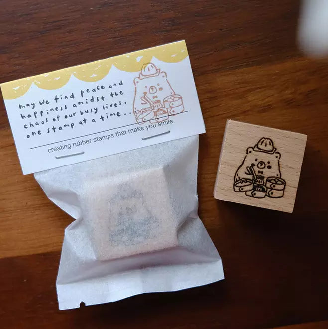 Foodie Bears Dim Sum bear stamp with a stamped card styled on a warm wooden surface