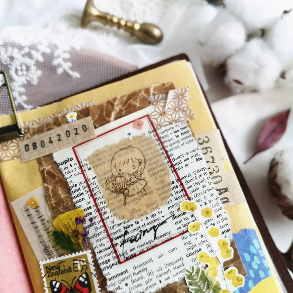Mini Girls Thumbelina Flower Fairy stamp on a decorated scrapbook page with text and prints