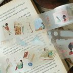 Illustrated stickers on a book with various scenes and characters.