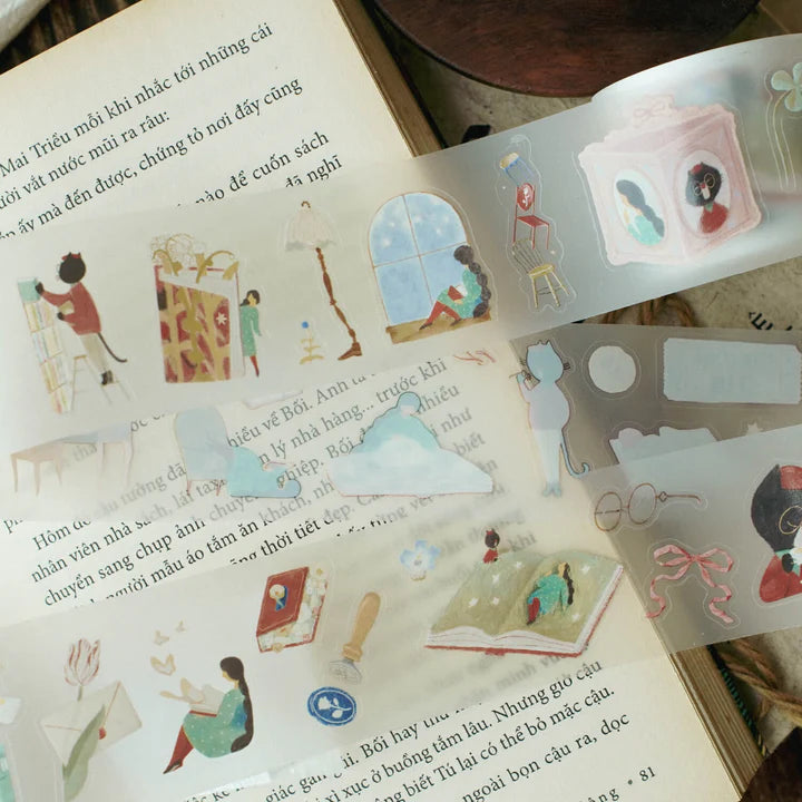 Enchanted Library PET Tape illustrated scene stickers laid across a book, overhead styled view