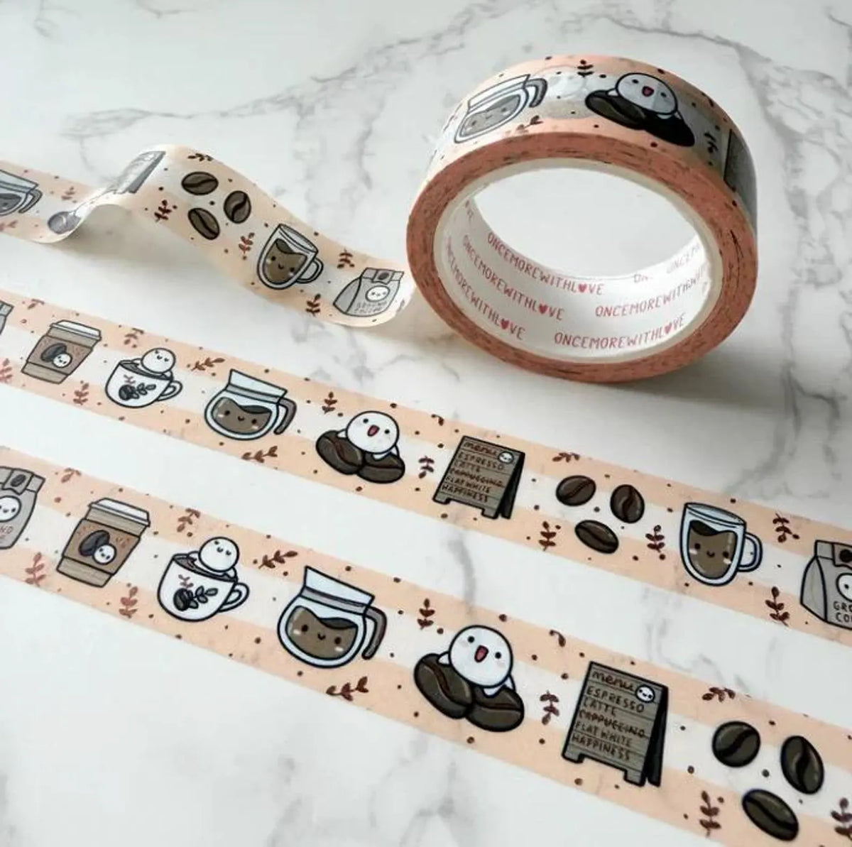 Coffee Doodles Washi Tape by OnceMoreWithLove, slim 10mm roll of playful coffee-themed doodles