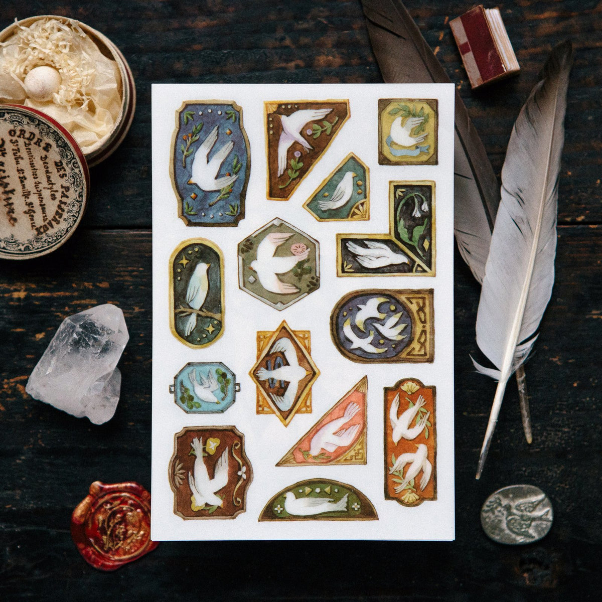 Birds Transfer Sticker by OURS Studio — dove-and-bird rub-on transfer sticker sheet styled with props, for journaling