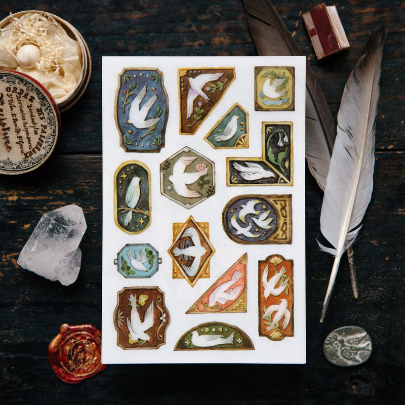 Birds Transfer Sticker by OURS Studio — dove-and-bird rub-on transfer sticker sheet styled with props, for journaling