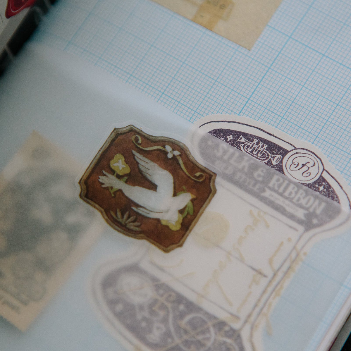 Birds Transfer Sticker by OURS Studio — dove-design transfer sticker on grid, for journaling
