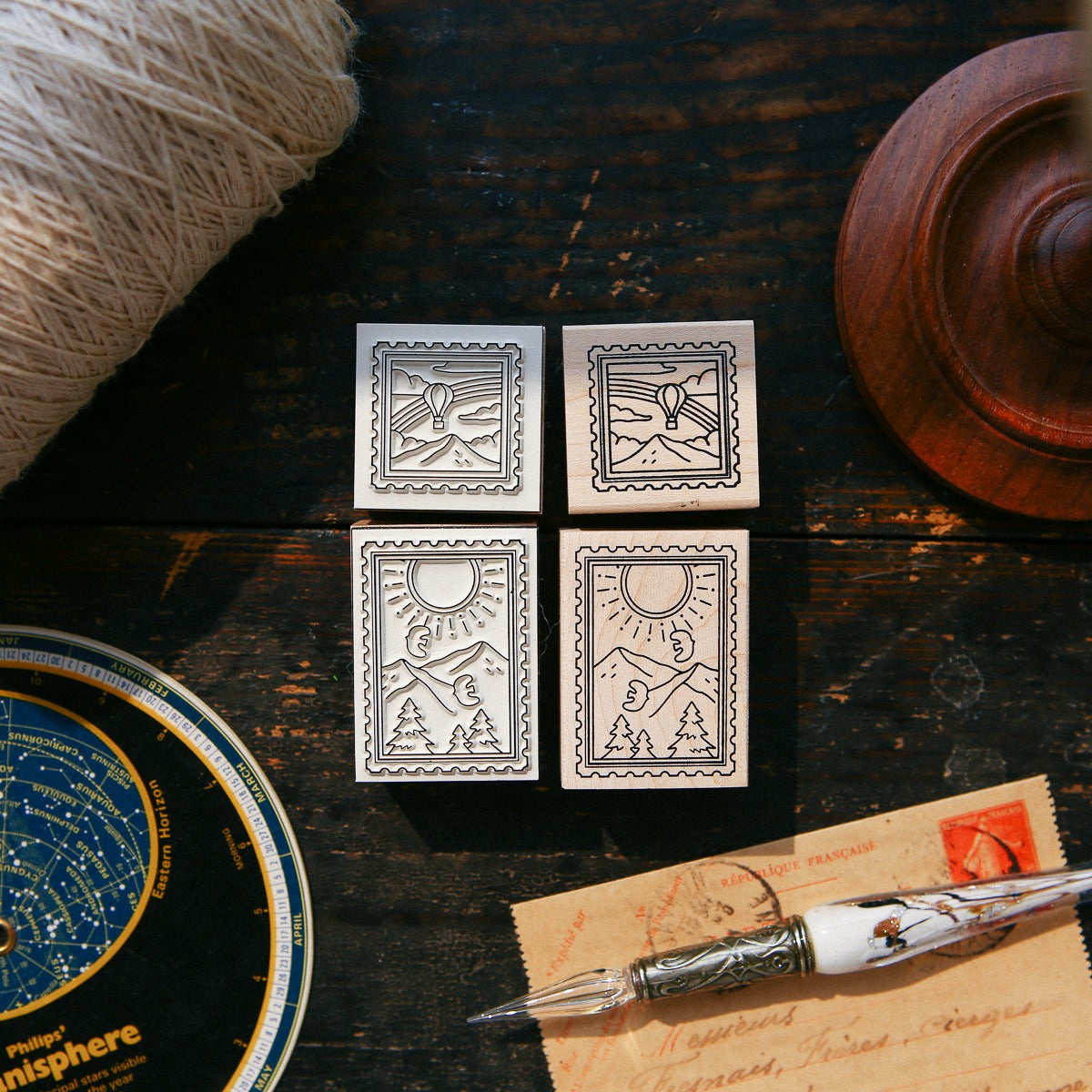 Sunny Day Rubber Stamp by OURS Studio — four celestial-design metal-handled stamps with yarn, for journaling