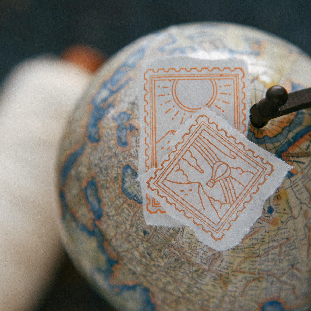 Sunny Day Rubber Stamp by OURS Studio — stamp detail with a globe-symbol card, for journaling