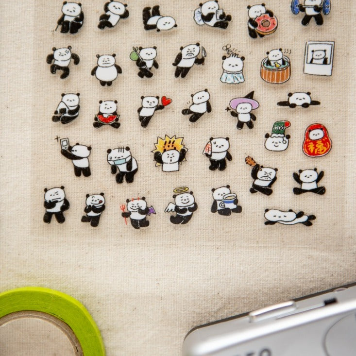 PANDA! Sticker Sheet by OURS Studio — matching panda pins styled with a phone and tape, for journaling