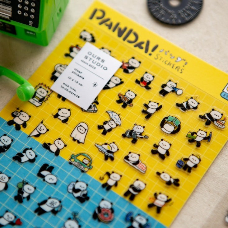 PANDA! Sticker Sheet by OURS Studio — panda sticker sheet on a yellow background, for journaling