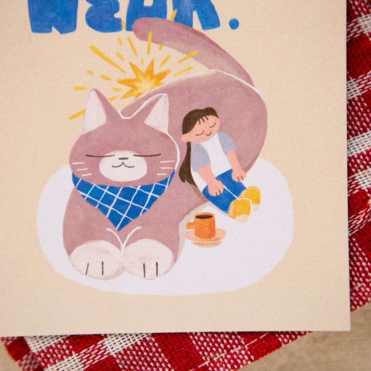 Little Break Post Card by OURS Studio — cat and figure seated together illustration, for journaling & mail