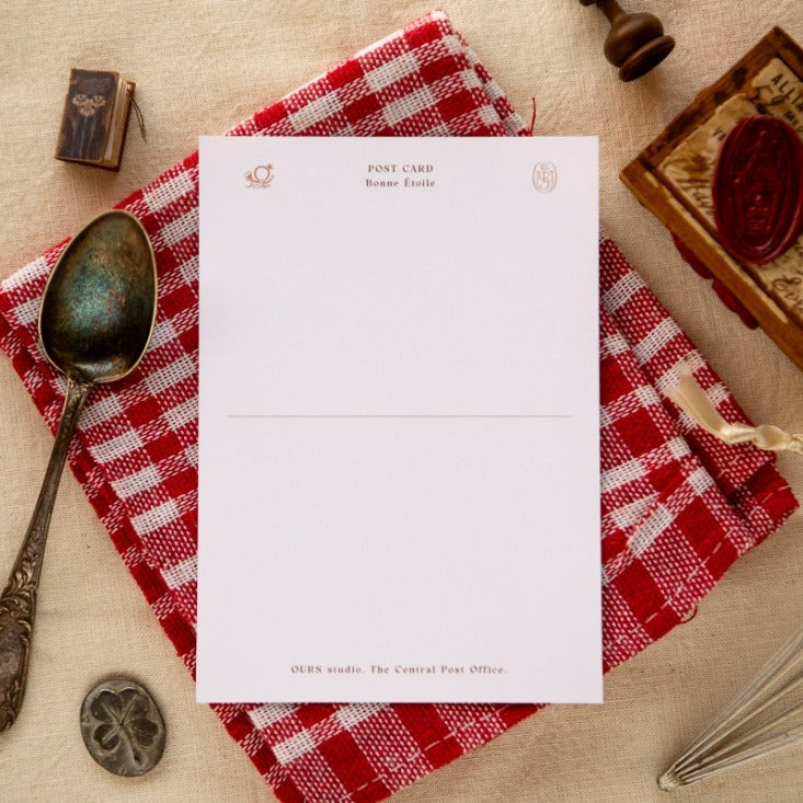 Little Break Post Card by OURS Studio — postcard back on red checked cloth with stationery, for journaling