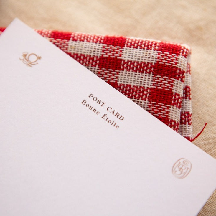 I Found a Star Post Card by OURS Studio — 'Bonne étoile' postcard back on red checked cloth, for journaling