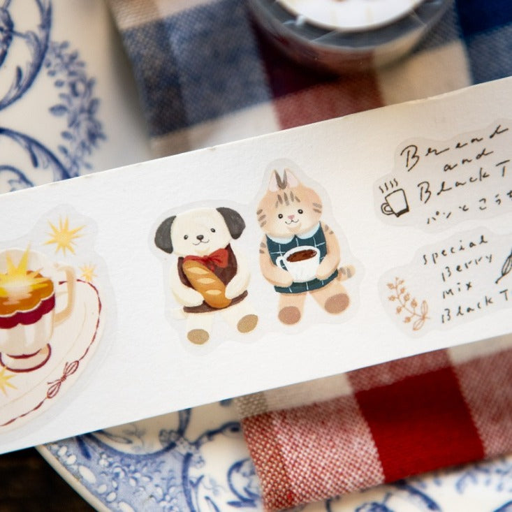 Tea Room Sleeping Cat PET Tape by OURS Studio — sleepy-cat tea-room design on clear PET deco tape, for journaling
