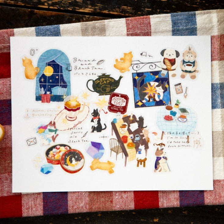 Tea Room Sleeping Cat PET Tape by OURS Studio — illustrated cat PET tape design on checkered cloth, for journaling