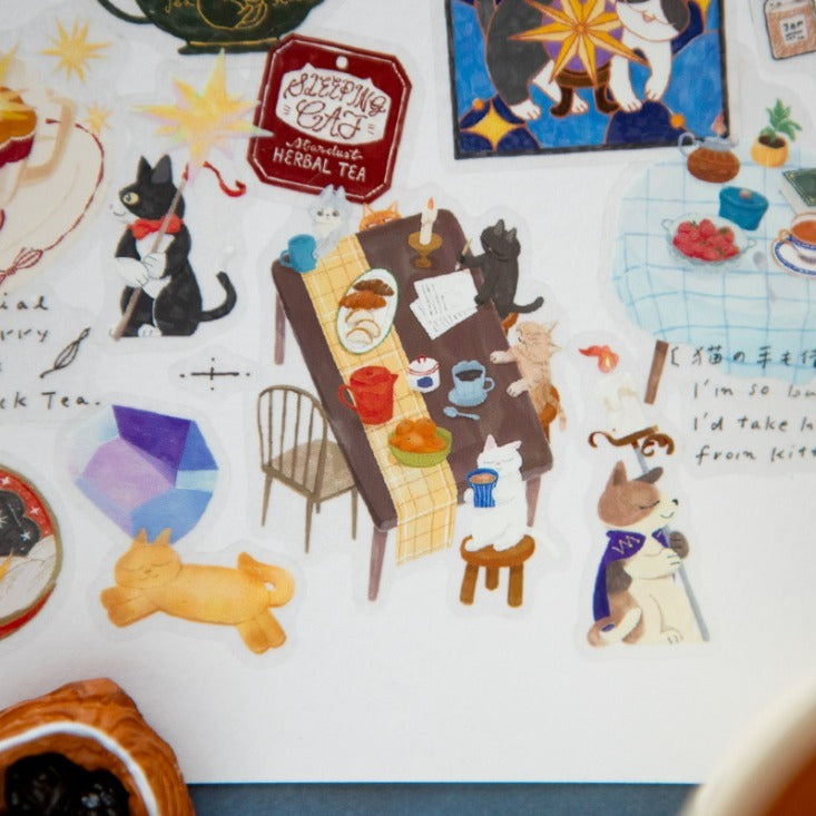 Tea Room Sleeping Cat PET Tape by OURS Studio — 'Snoozy Cat' cat-design PET tape sheet, for journaling