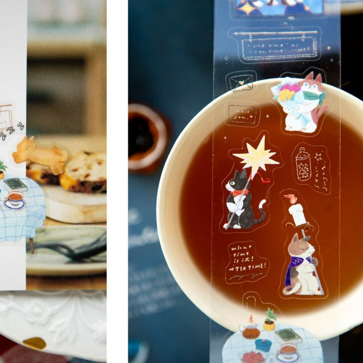 Tea Room Sleeping Cat PET Tape by OURS Studio — teacup with cat-and-dog PET tape designs, for journaling