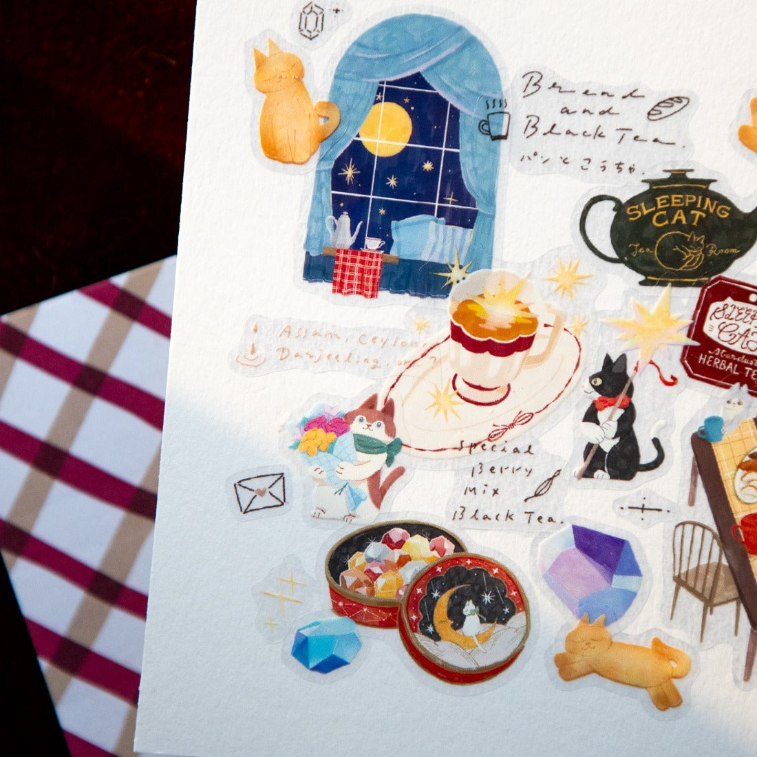 Tea Room Sleeping Cat PET Tape by OURS Studio — cats and teapots PET tape design sheet, for journaling