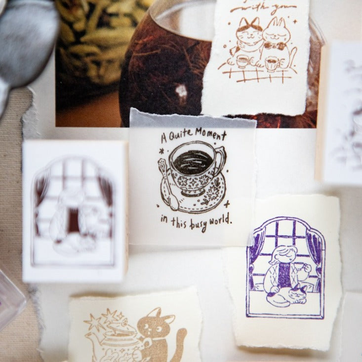 Tea Room Series Rubber Stamp by OURS Studio — assorted wooden rubber stamps on wood, for journaling