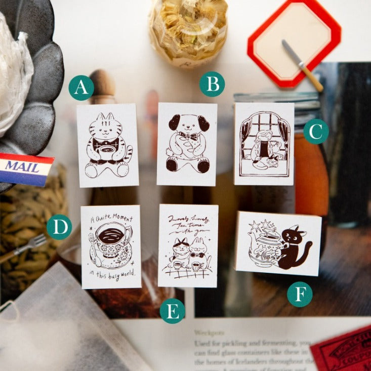 Tea Room Series Rubber Stamp by OURS Studio — six stamped design cards with tea-time props, for journaling