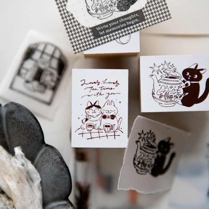 Tea Room Series Rubber Stamp by OURS Studio — cat-themed wooden rubber stamps, for journaling