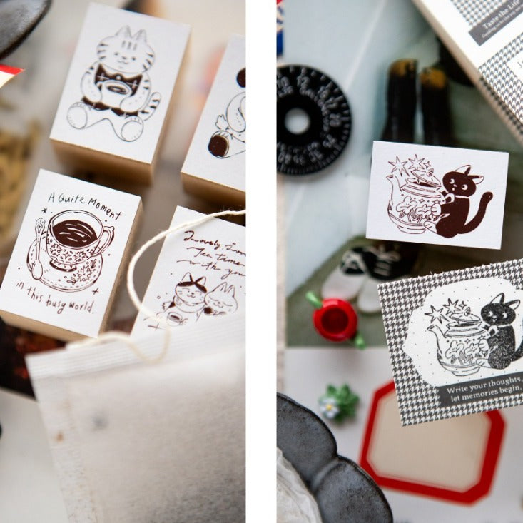 Tea Room Series Rubber Stamp by OURS Studio — cat-and-coffee design wooden stamps, for journaling
