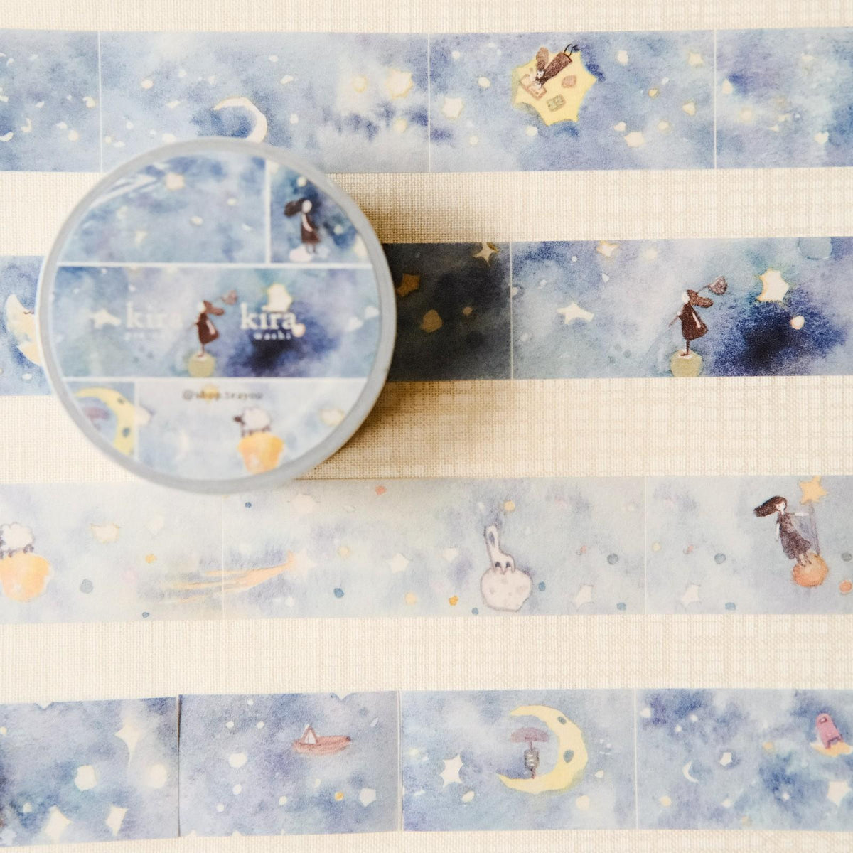 Decorative tape with cartoon characters on a blue and white checkered background