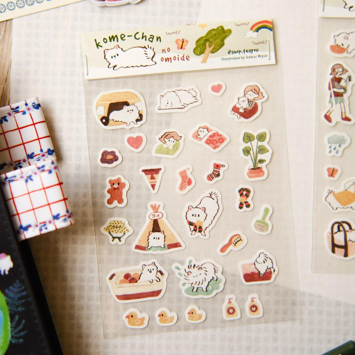 Collection of cute animal-themed stickers on a transparent sheet with 'kome-chan' branding.