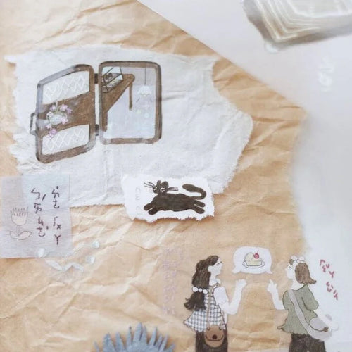 Artistic depiction of a black cat, two people, and a cake on crumpled paper with a belt buckle.