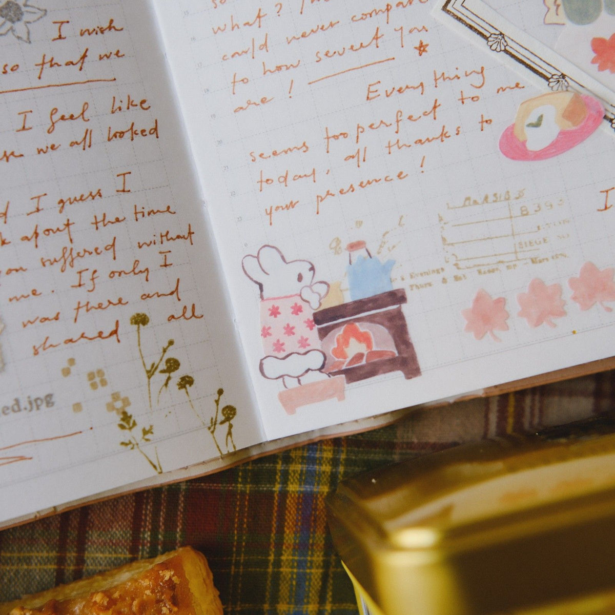 Open book with handwritten text and illustrations on a checkered fabric background