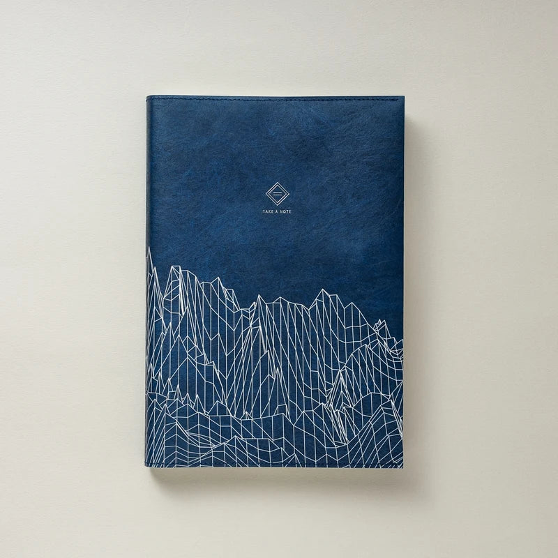 Reverberation Tyvek Book Cover by Take a Note — navy Tyvek cover with white mountain line art, for journaling